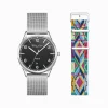New Set Code TS schwarze Uhr und buntes Grafikmusterarmband Damen Uhren|Damenuhren